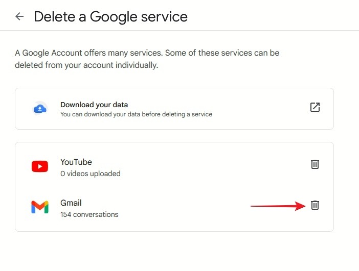 Clicking trash can button next to Gmail to delete data associated with it.