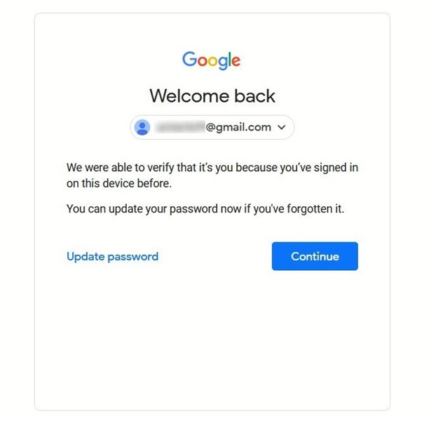 Welcome back screen in Gmail account recovery process.