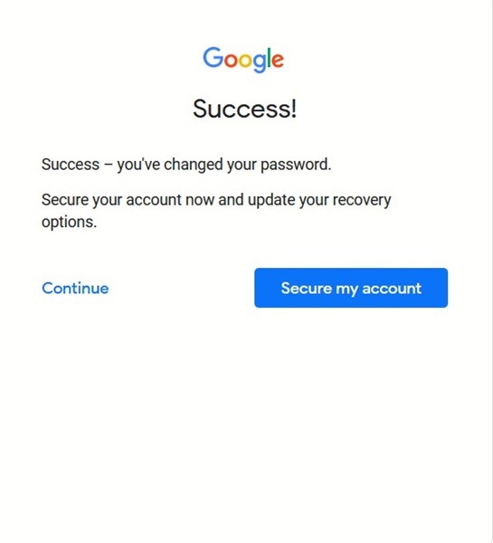 Success message for Google/Gmail account recovery. 