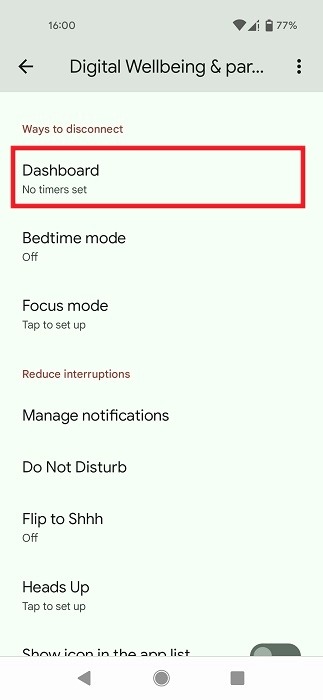 Clicking on "Dashboard" option in Digital Wellbeing. 