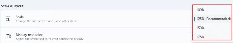 Selecting new "Scale" parameter under "Scale & layout" in Windows 11 Settings.