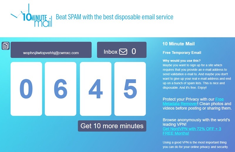 10MinuteMail's inbox page with a timer counting down.