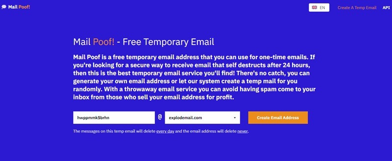 Creating a temporary email address on Mail Poof