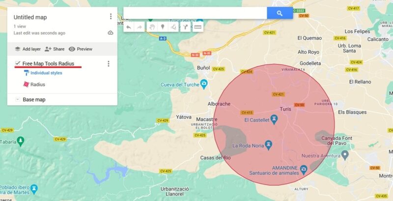 FreeMapTools radius map visible in Google Maps.