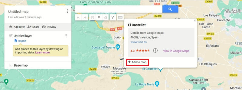 "Add to map" button view on map in Google My Maps.