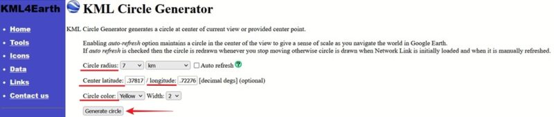 Adding location coordinates in KLM4Earth's Circle Generator tool. 