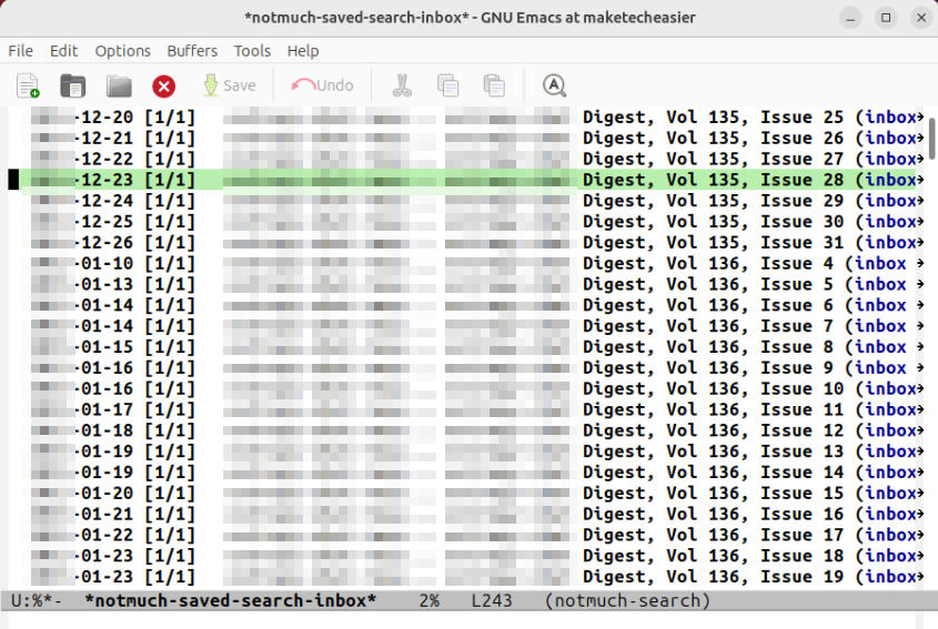 A screenshot showing a notmuch email list in Emacs.