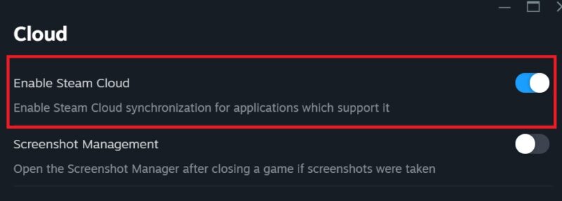 Activating the toggle next to "Enable Steam Cloud."
