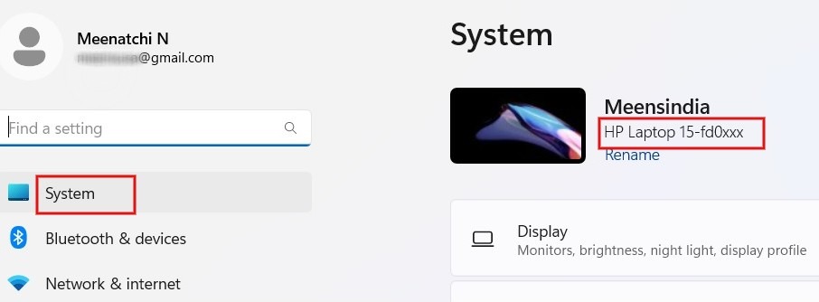 Checking laptop model number via System Settings.