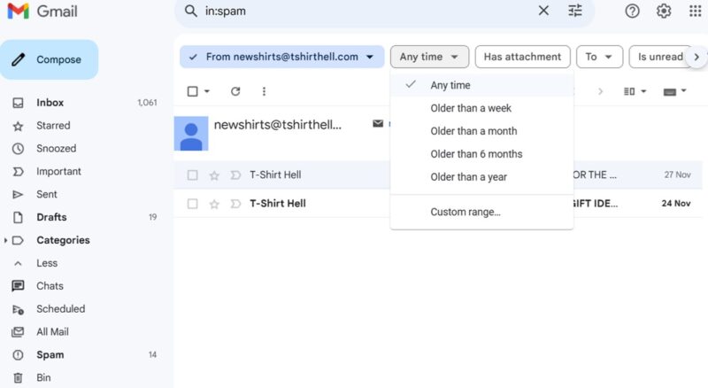Using the "In Spam" search filter to trace emails in the Gmail Spam folder.
