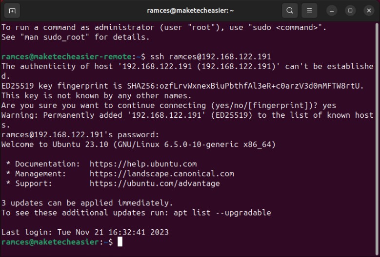 A terminal showing an OpenSSH session in Ubuntu.