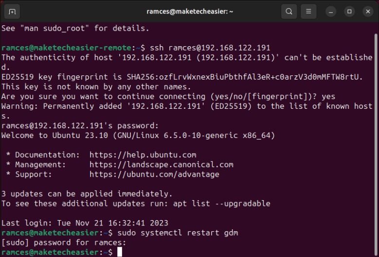 A terminal showing the process of restarting GDM over SSH.