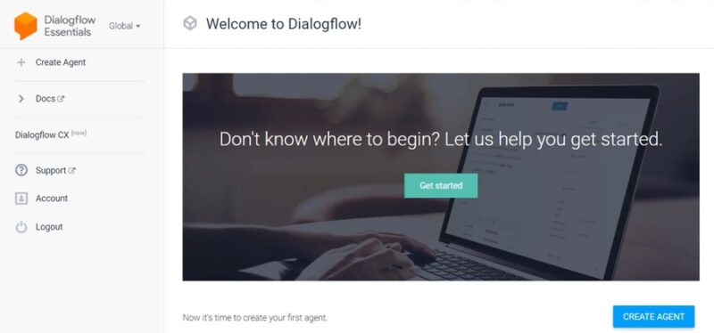 Creating a new agent in Dialogflow.