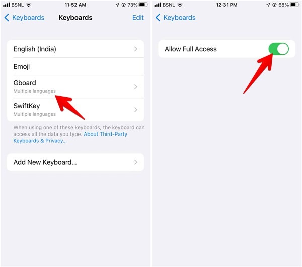 Granting full access to Gboard on iOS device.