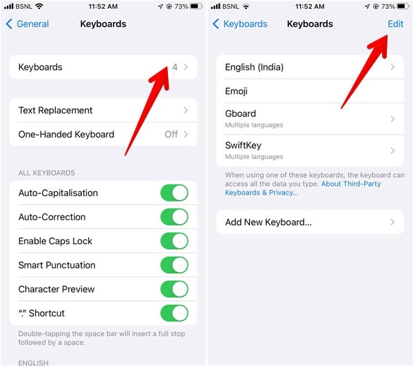 Pressing "Edit" on list of keyboards in iPhone General Settings. 