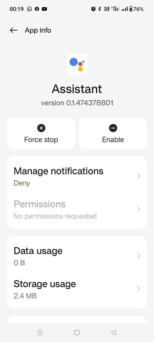 Google Assistant enable button visible in "App info" in Android Settings.