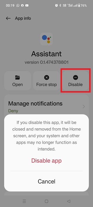 Disabling Google Assistant app from App Management on Android phone.