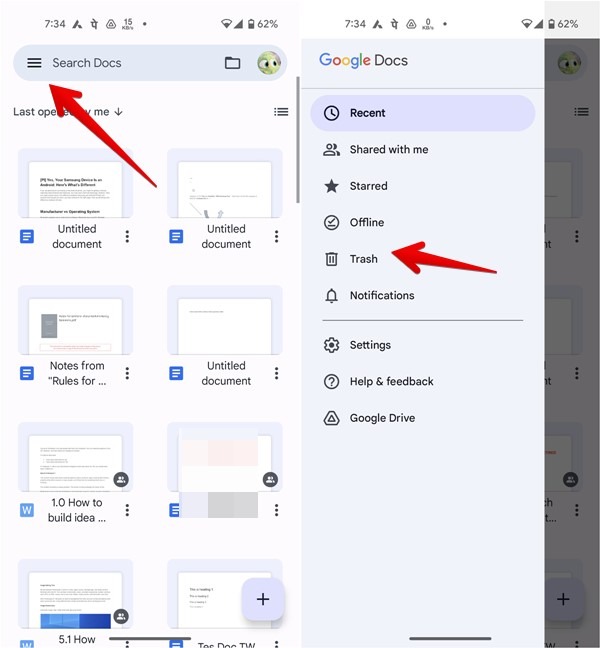 Finding the "Trash" option in Google Docs app.