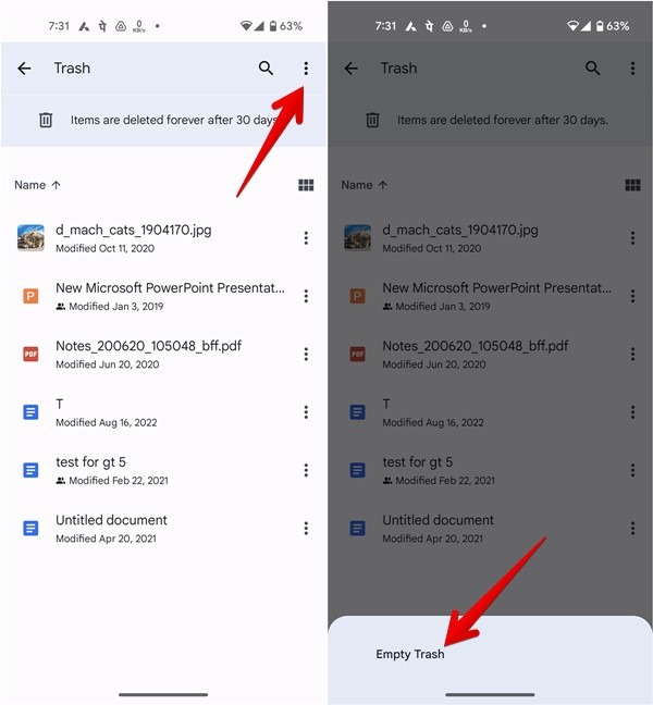 Emptying Trash folder in Google Drive app. 