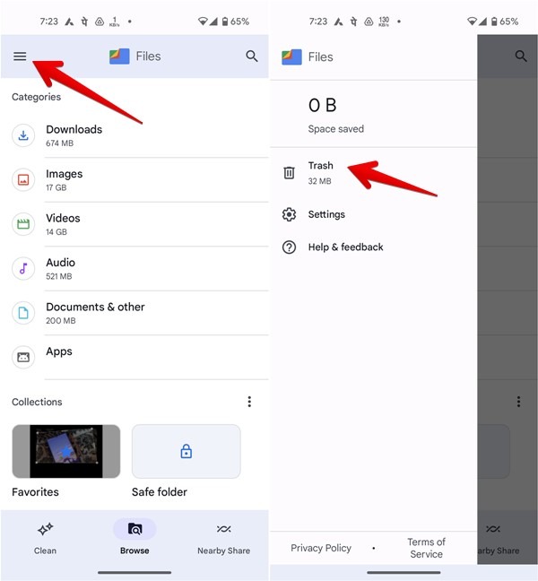 Finding the "Trash" folder in Google Files app. 