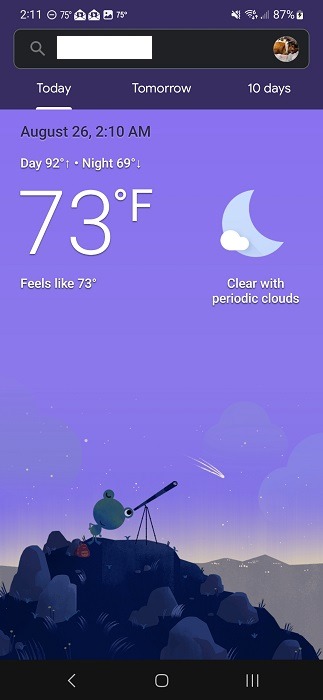 Weather information for "Today" in Google app. 