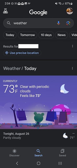 Google weather displayed for location in Google app.