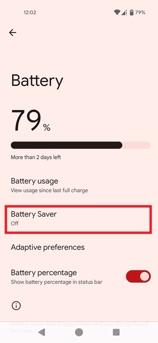 "Battery saver" option disabled view via Android Settings.
