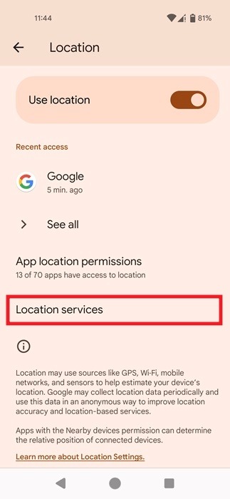 Clicking on "Location services" under Location in Android Settings.