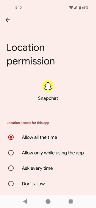 Selecting "Allow only while using the app" option for Location permission in Android Settings.
