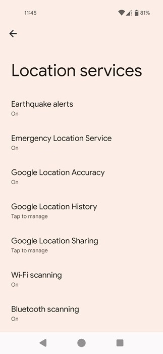 Location services options listed in Android Settings.