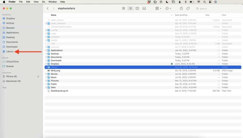 Drag Library folder to the left in Finder