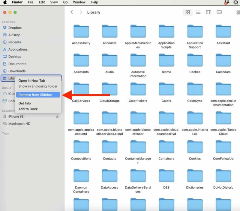Choose Remove from sidebar after right-clicking the Library Folder