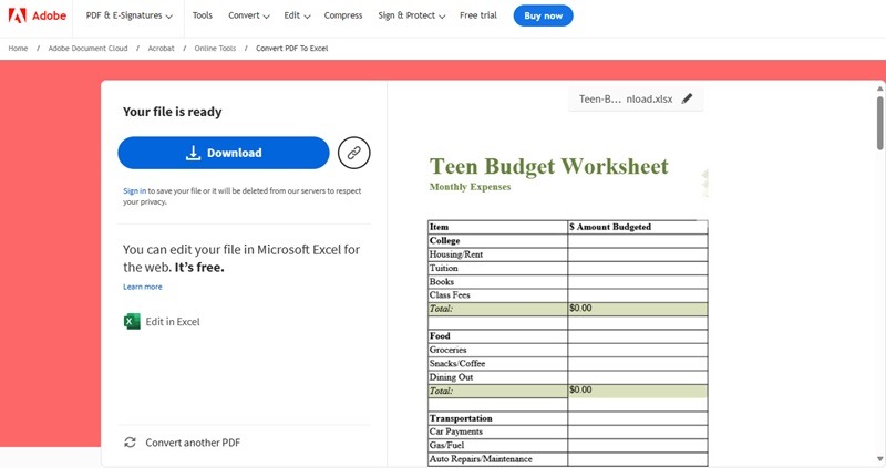 Adobe's preview of the PDF to Excel conversion.