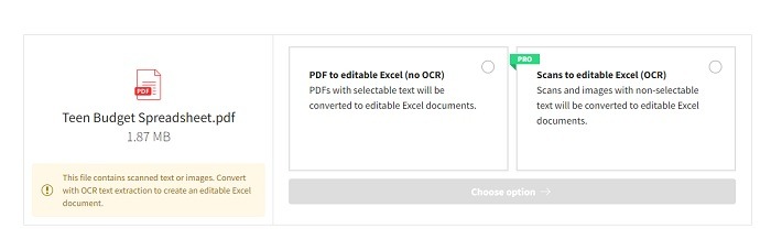 Options for converting your PDF to a spreadsheet in SmallPDF.