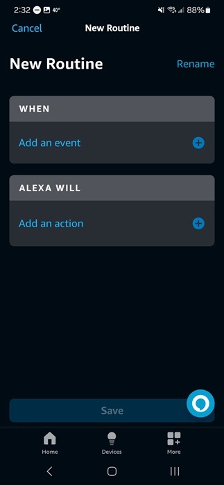 Setting up a routine to display a digital wall calendar in Alexa app.