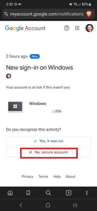 A Google Account prompt to try to recover a hacked Gmail account.