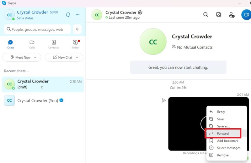 Selecting "Forward" after right-clicking Skype recording in Skype desktop client.