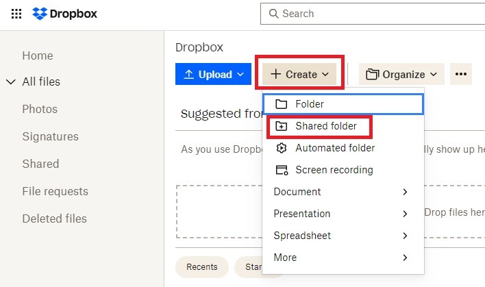 Setting up a shared folder using the "Create" menu in Dropbox.