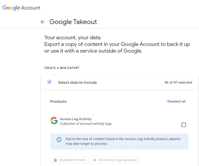 Choosing what data to back up using Google Takeout.