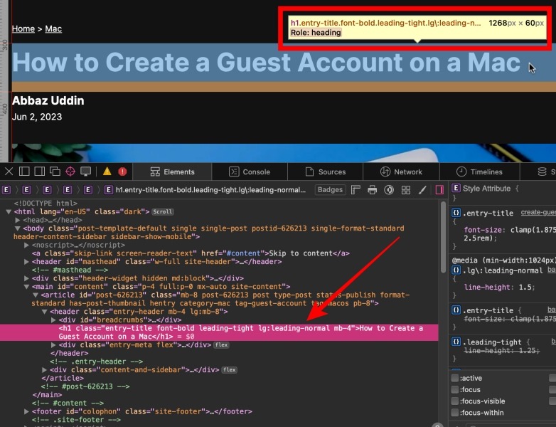 Inspecting A Heading Tag On Safari Inspect Tool
