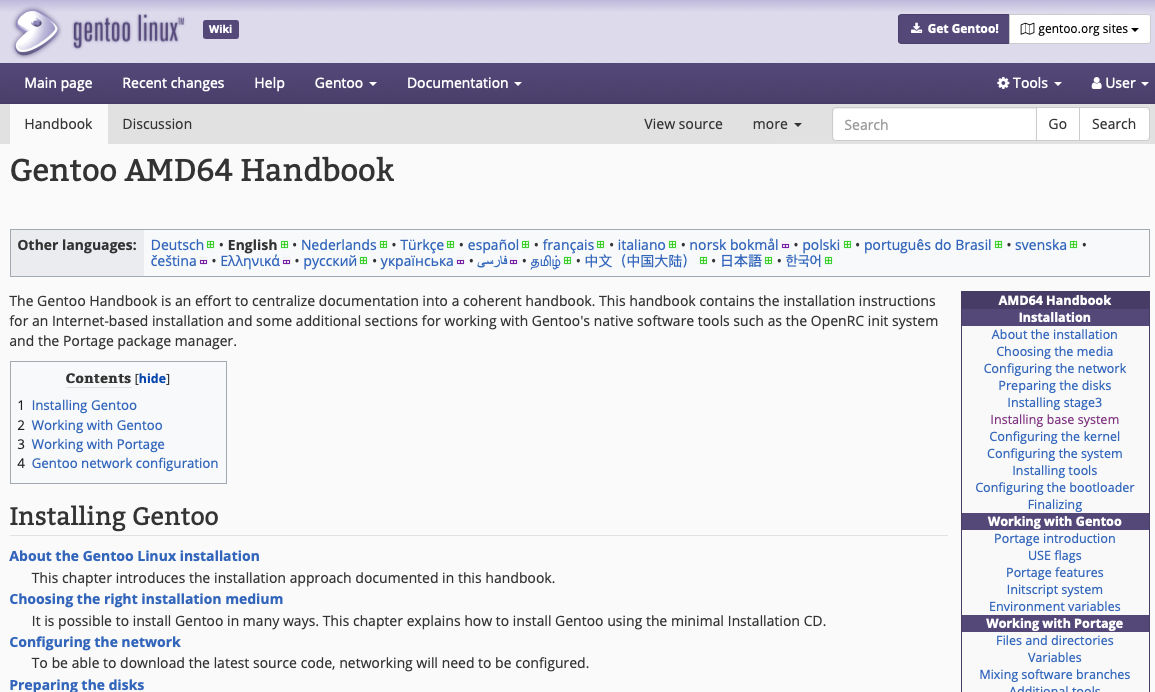 A screenshot of the Gentoo Linux Handbook webpage for amd64.