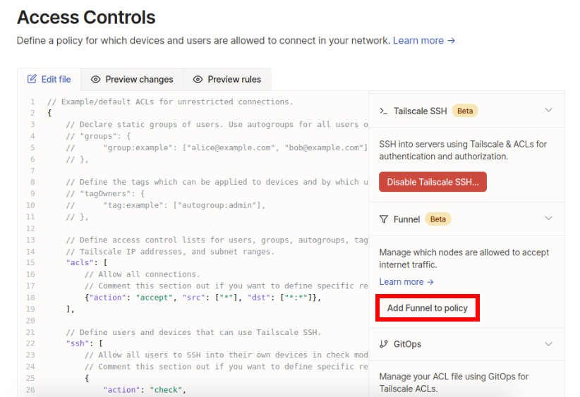 A screenshot highlighting the "Add Funnel to policy" button on the Access Control page.
