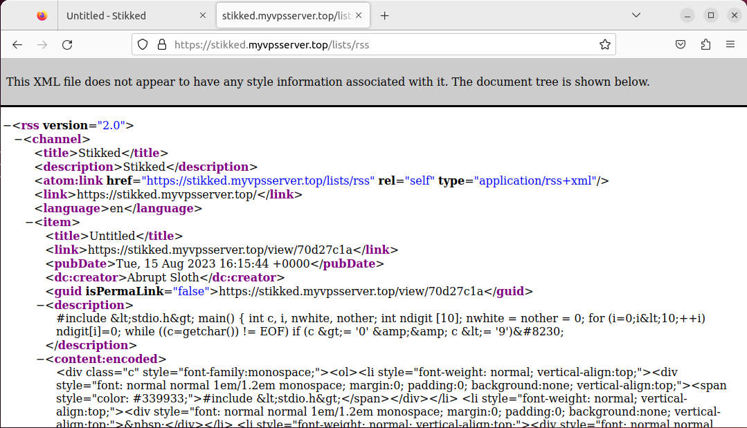 A screenshot showing a bare RSS feed for the Stikked instance.