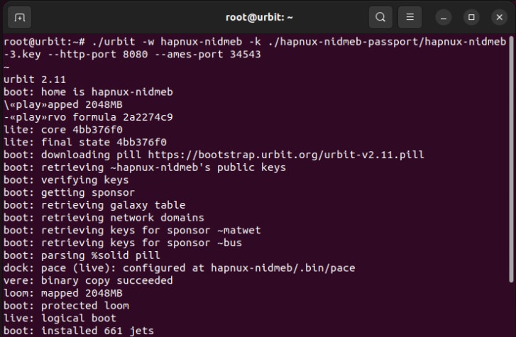 A terminal showing the boot up process for an Urbit planet.