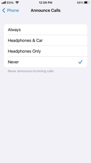 Iphone Phone Announce Calls Never