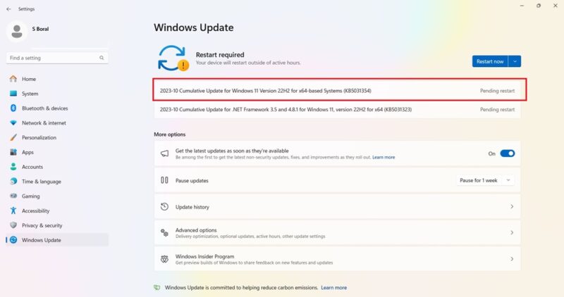 KB5031354 update in Windows 11 visible on PC.