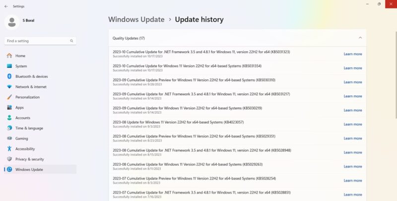 Windows update history for November 2023.