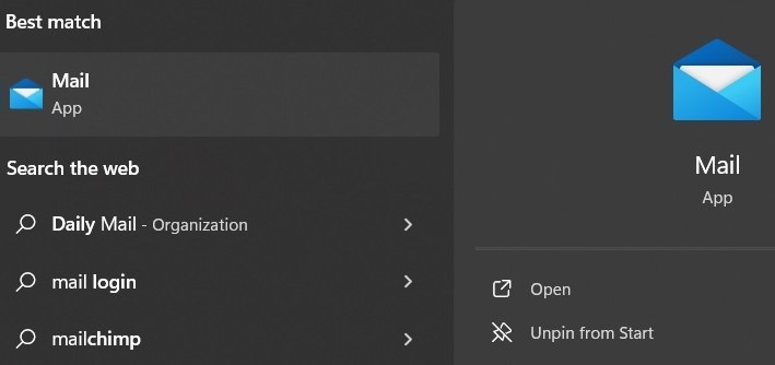 Launch Mail app from Windows Search. 