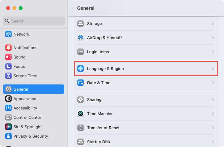 General, Language and Region in the Mac System Settings 