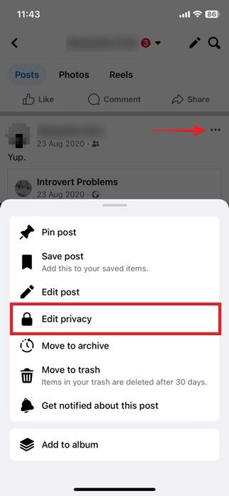 Tapping on "Edit privacy" option for post in Facebook iOS app.